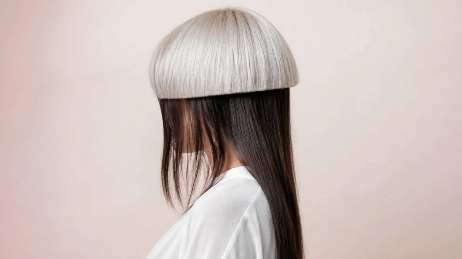 Colored jellyfish haircut with an icy platinum bowl-shaped bell over long dark brown tentacle lengths
