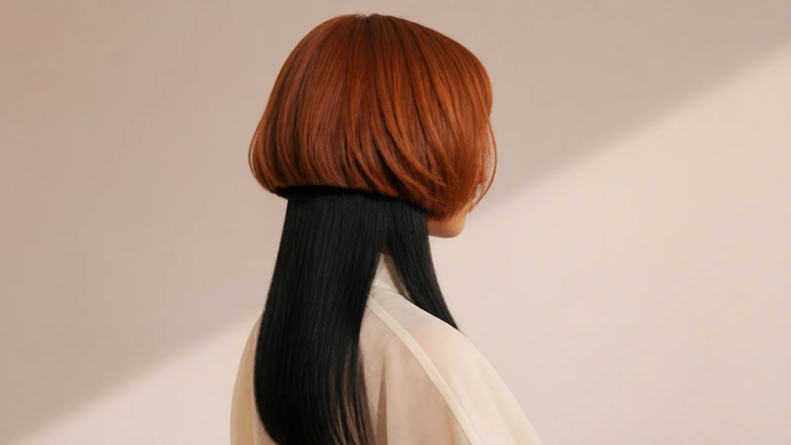Jellyfish haircut with a copper ginger bell layer over jet black long lengths underneath