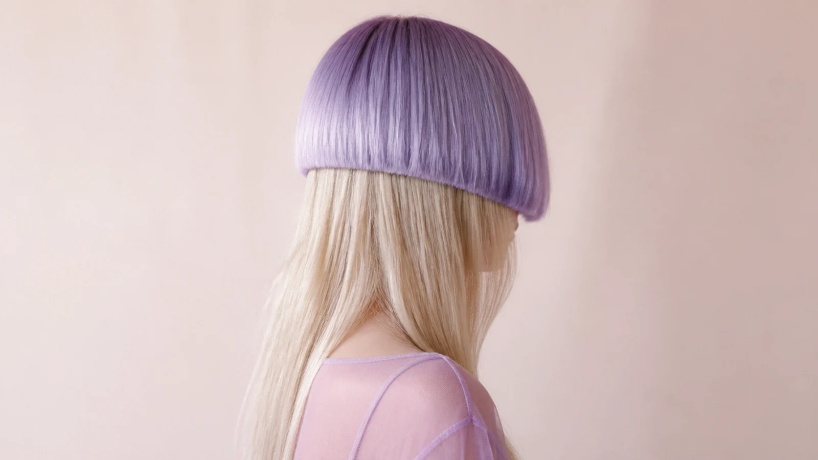 Pastel lavender colored jellyfish haircut with a soft lilac bell over pale blonde lengths