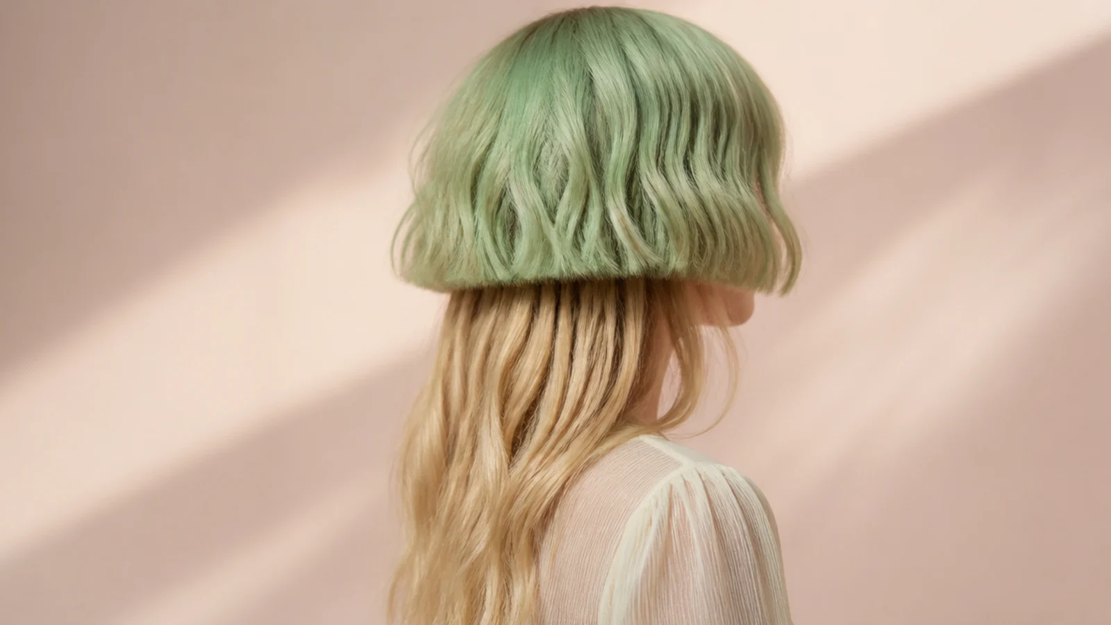 Wavy colored jellyfish haircut with a mint green bell layer over sandy blonde long lengths