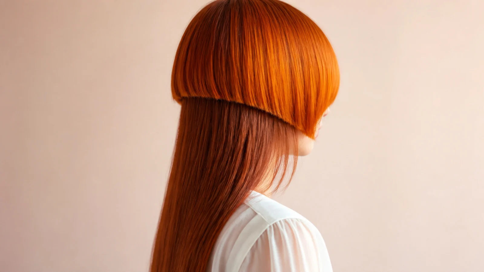 Vivid orange bell layer over warm copper long lengths on a colored jellyfish haircut