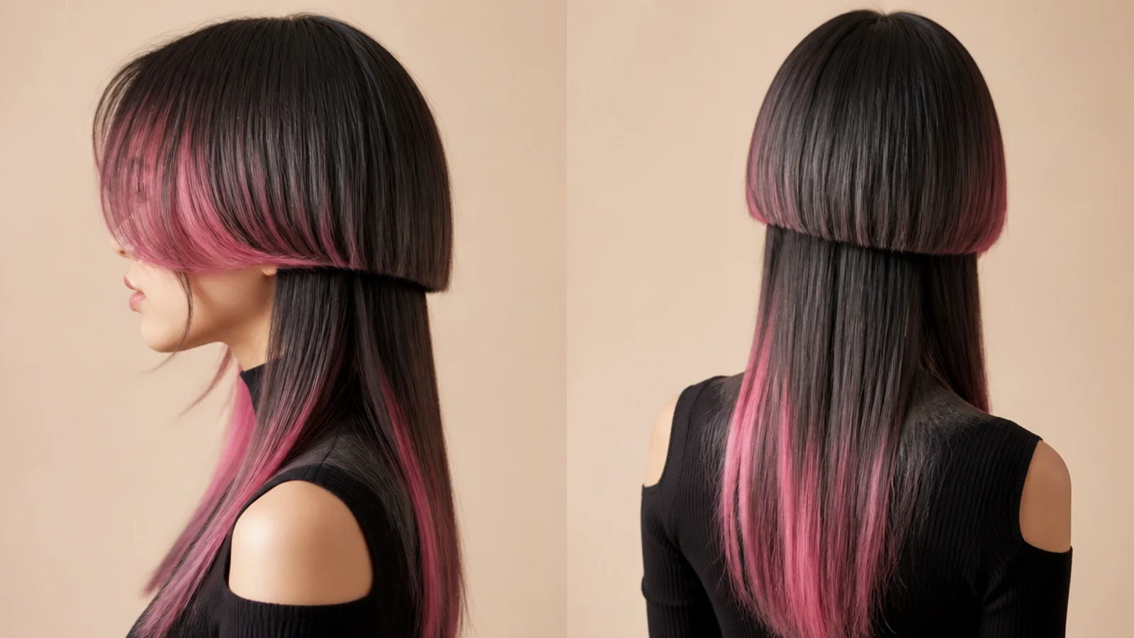 Colored jellyfish haircut with face-framing pink highlights through the front of the bell layer
