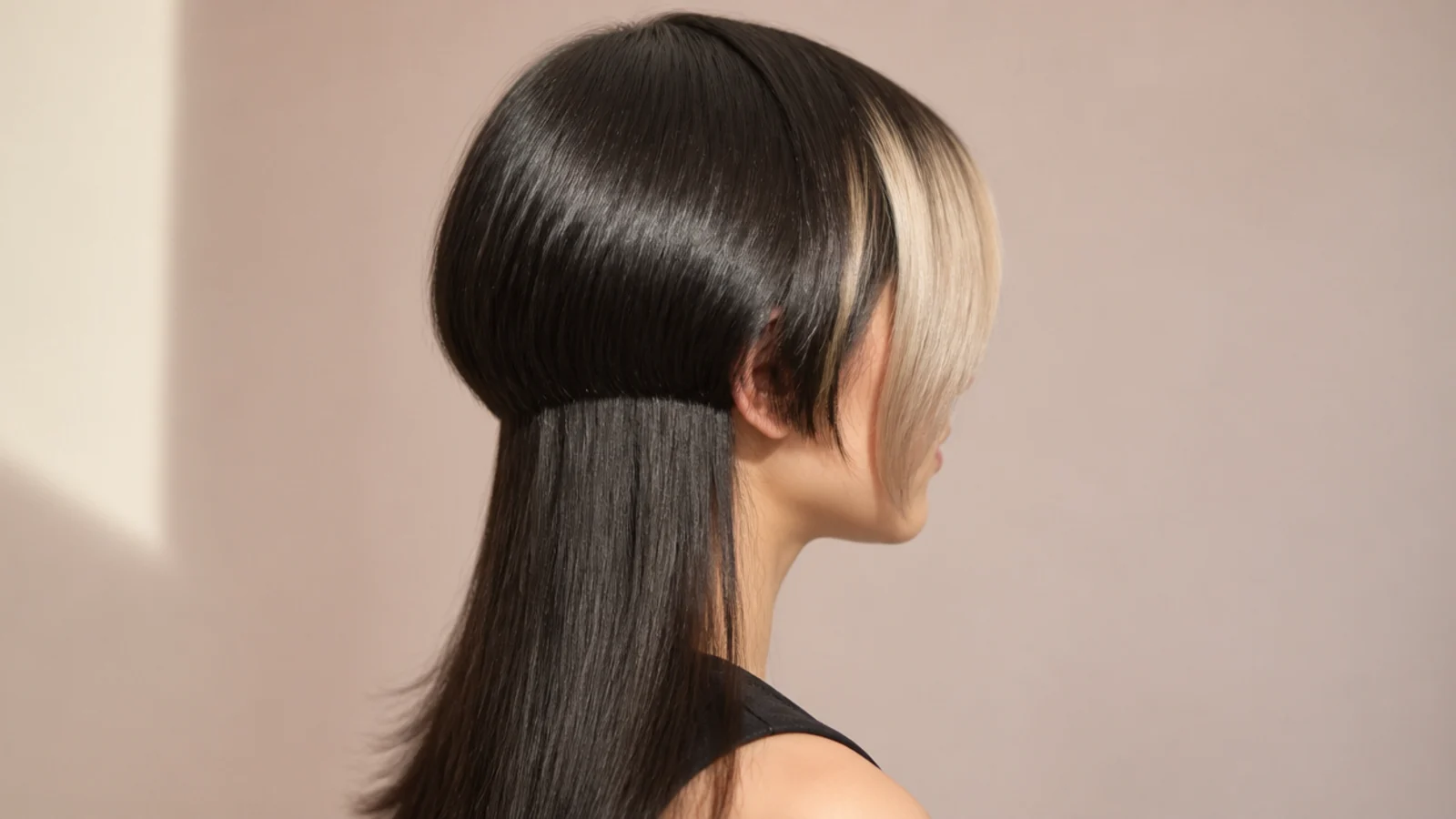 Dark jellyfish haircut with a bright blonde money piece framing the face at the front of the bell