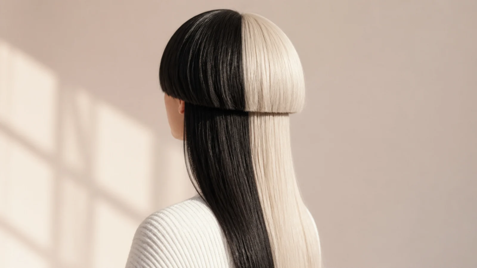 Split dye colored jellyfish haircut with one half black and one half platinum across both layers