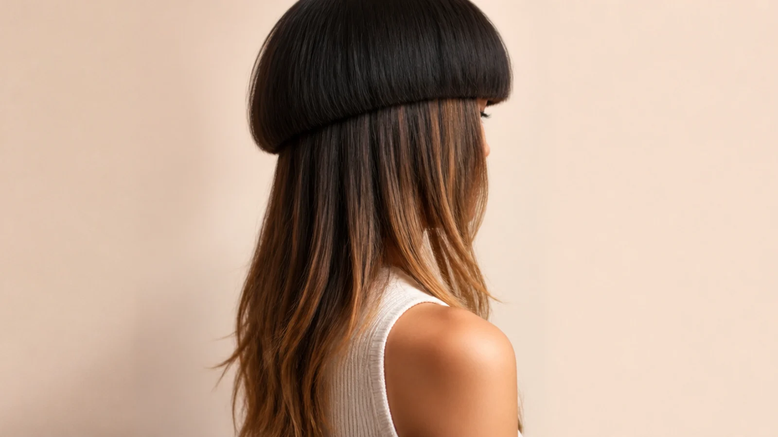 Colored jellyfish haircut with soft caramel balayage on the long tentacles and an untouched natural bell
