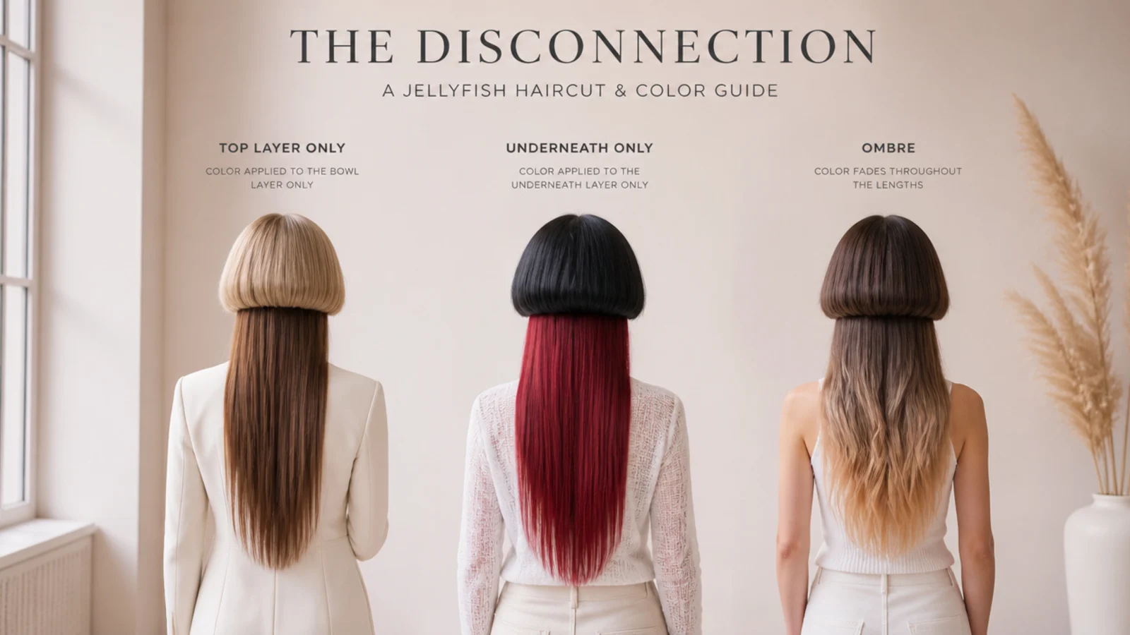 Comparison of color placements on a jellyfish haircut including top layer only, underneath only and ombre