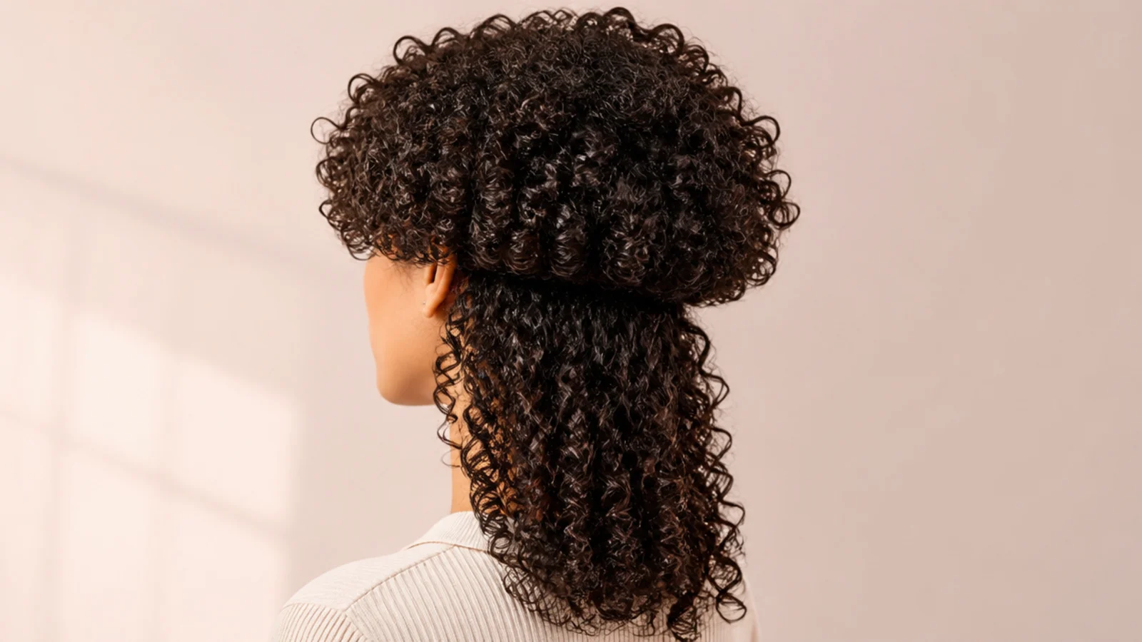 3b curly jellyfish haircut with a densely rounded bowl-shaped top layer above long corkscrew lengths