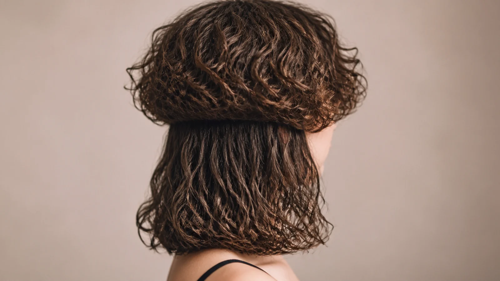 Short curly jellyfish haircut with a jaw-grazing bell and shoulder-length curly lengths on a round face