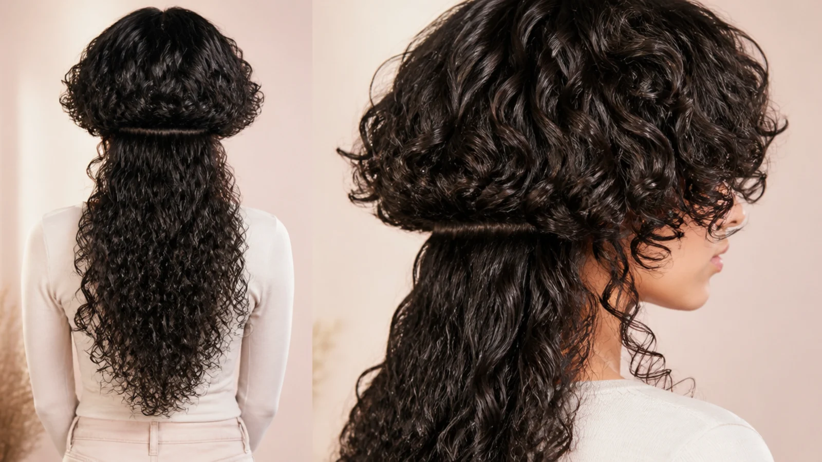 Long curly jellyfish haircut with a short rounded bell over curly lengths reaching the middle of the back