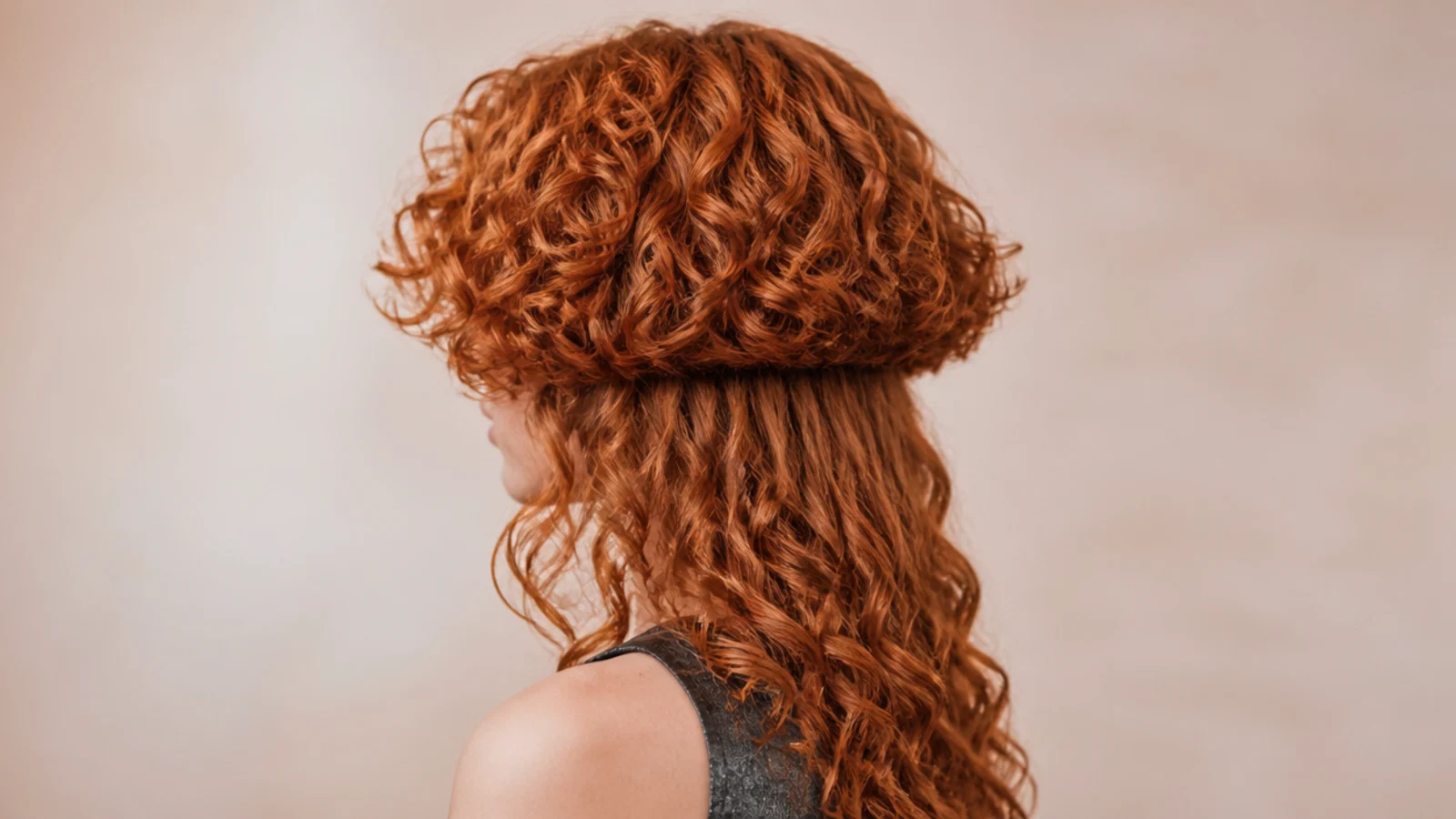 Copper red curly jellyfish haircut with warm ginger tones through the bell and long curly lengths