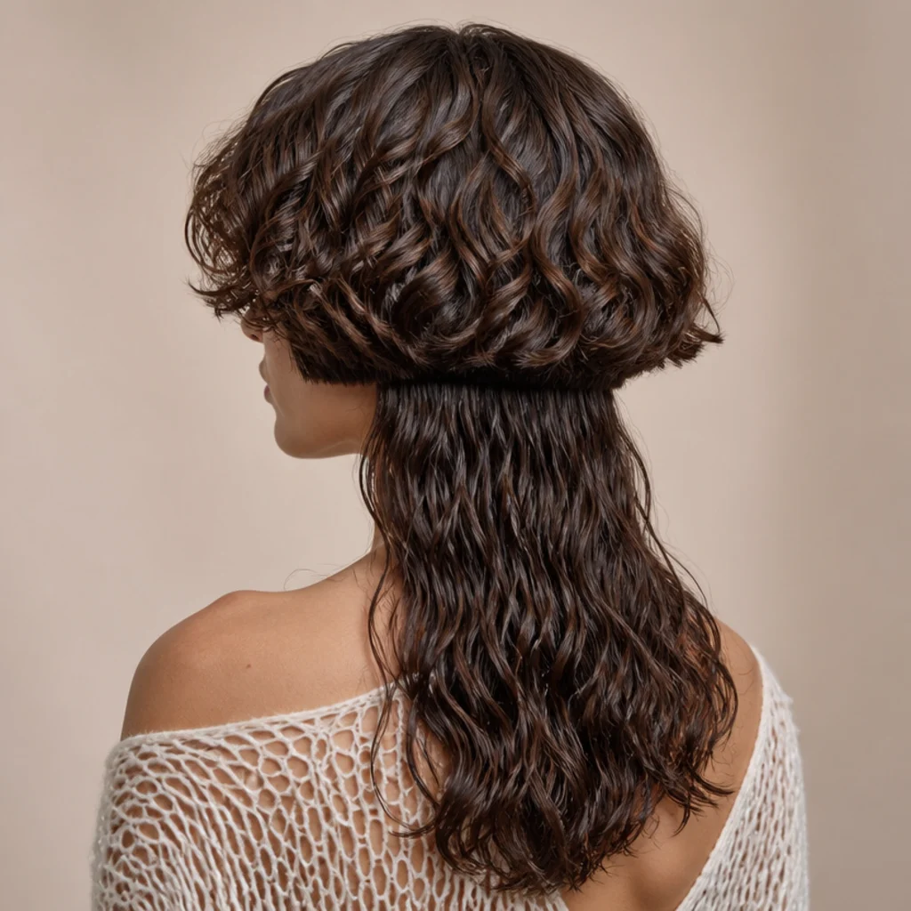 Blunt bell curly jellyfish haircut with a soft rounded top layer softening a square jawline