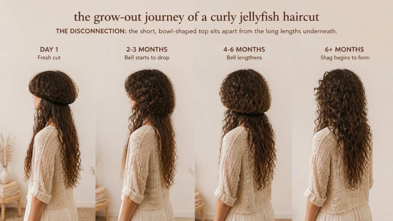 Grow out stages of a curly jellyfish haircut showing the bell lengthening into curly shag layers