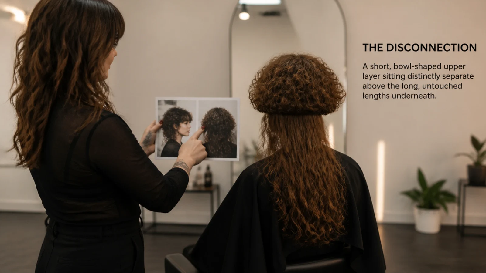 Client showing a stylist reference photos of a curly jellyfish haircut before a dry cut
