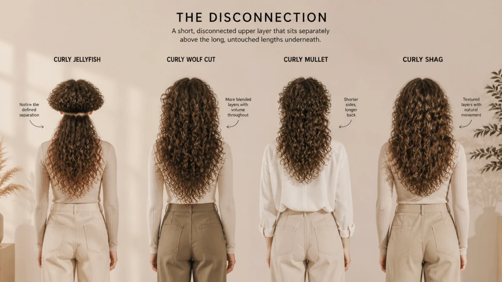Curly jellyfish haircut compared side by side with a curly wolf cut, a curly mullet and a curly shag