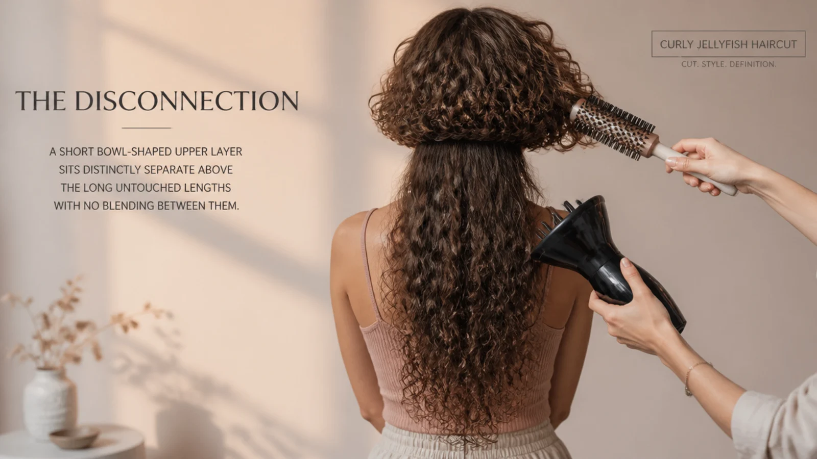 Styling a curly jellyfish haircut with a diffuser on the long lengths and a round brush on the short bell