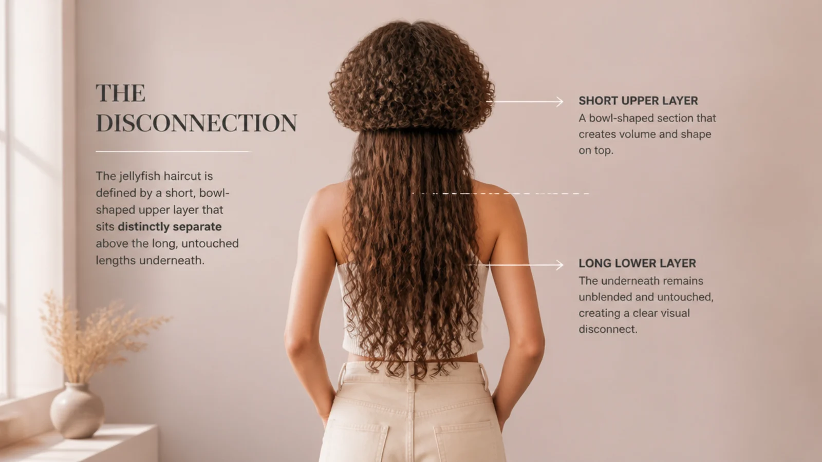 Diagram of a curly jellyfish haircut showing the disconnected bowl-shaped upper layer over long lower lengths