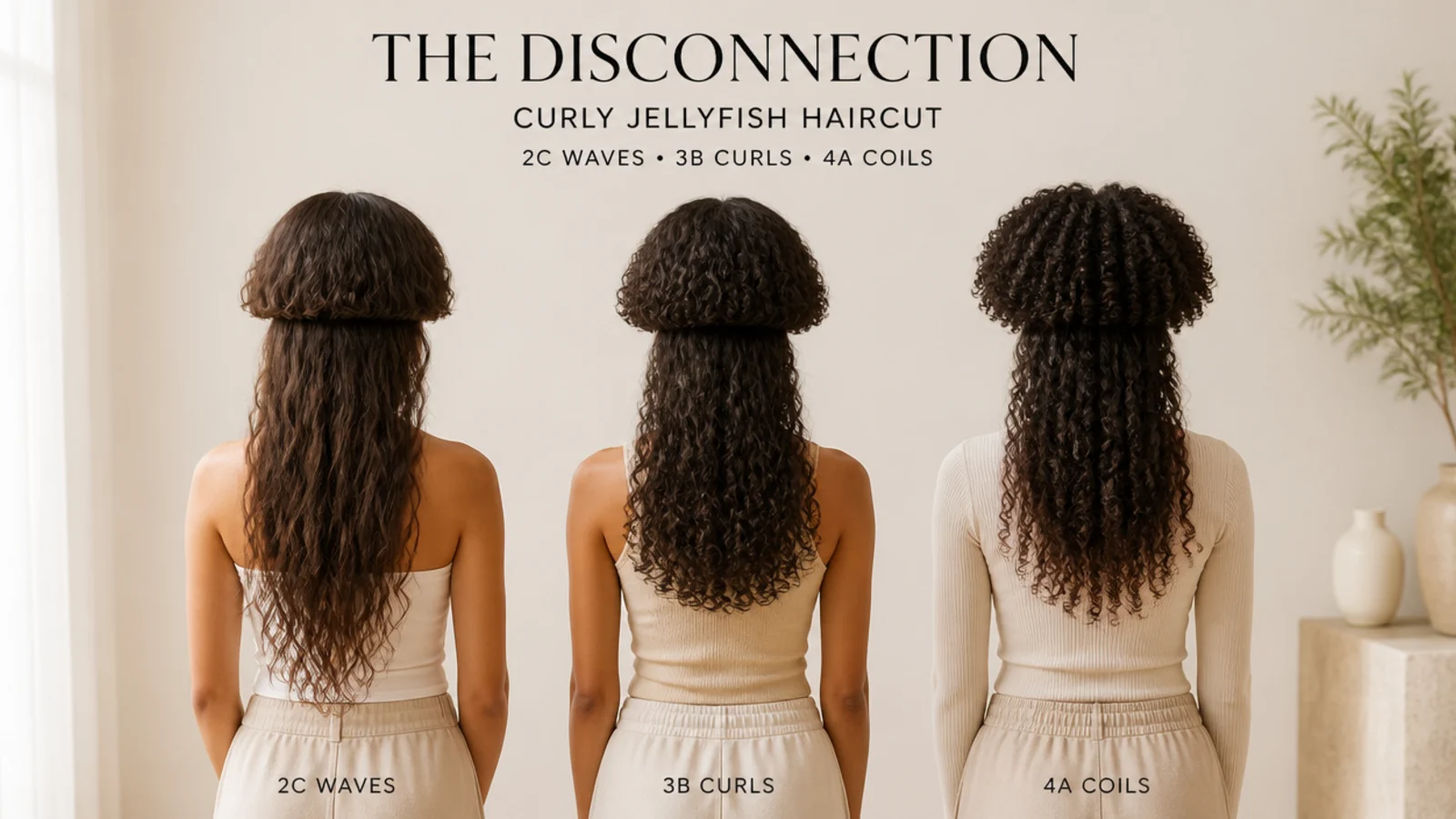 Three curl patterns compared for a curly jellyfish haircut showing 2c waves, 3b curls and 4a coils