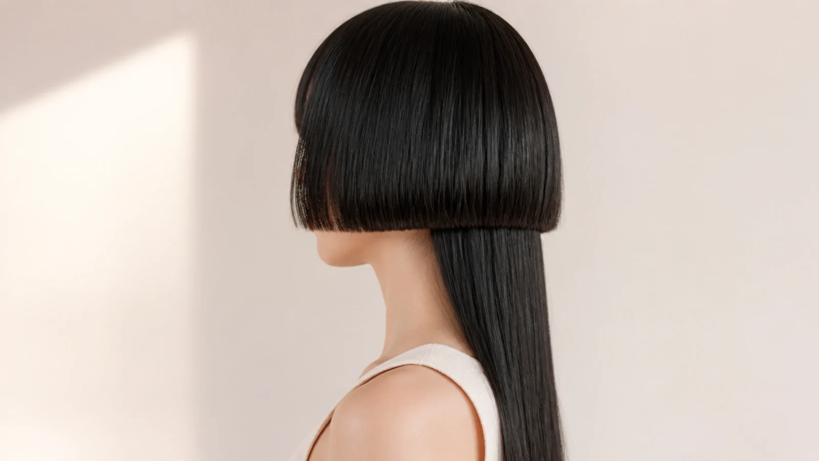Edgy jellyfish haircut with a blunt cheekbone length bell and no blending over long straight black hair