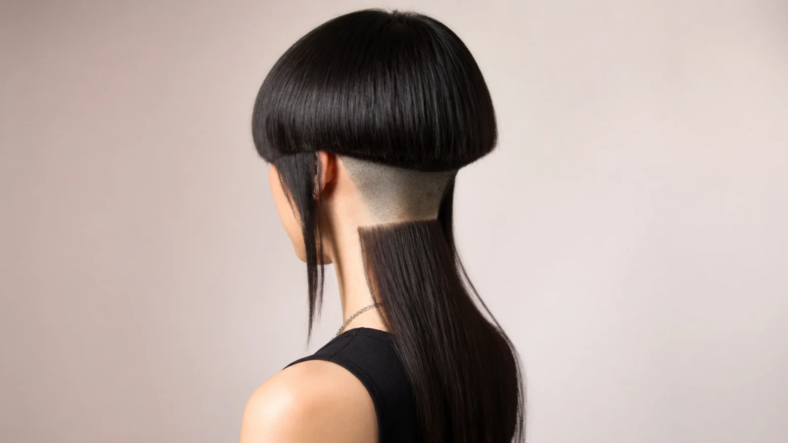 Jellyfish haircut with a hidden nape undercut buzzed at the neck under long tentacle lengths
