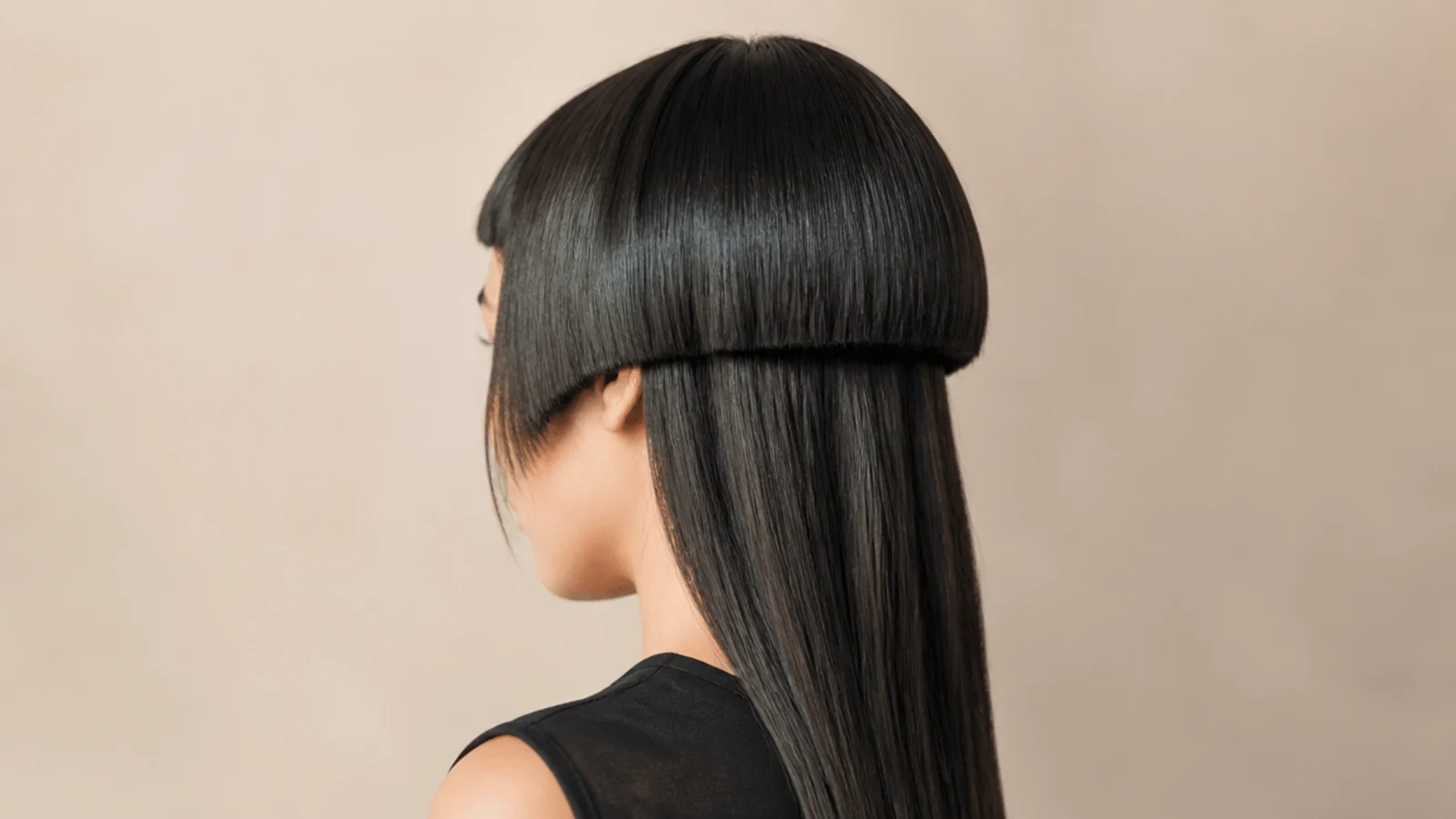 Editorial edgy jellyfish haircut with blunt micro bangs above the brow over a cheekbone bell and long hair