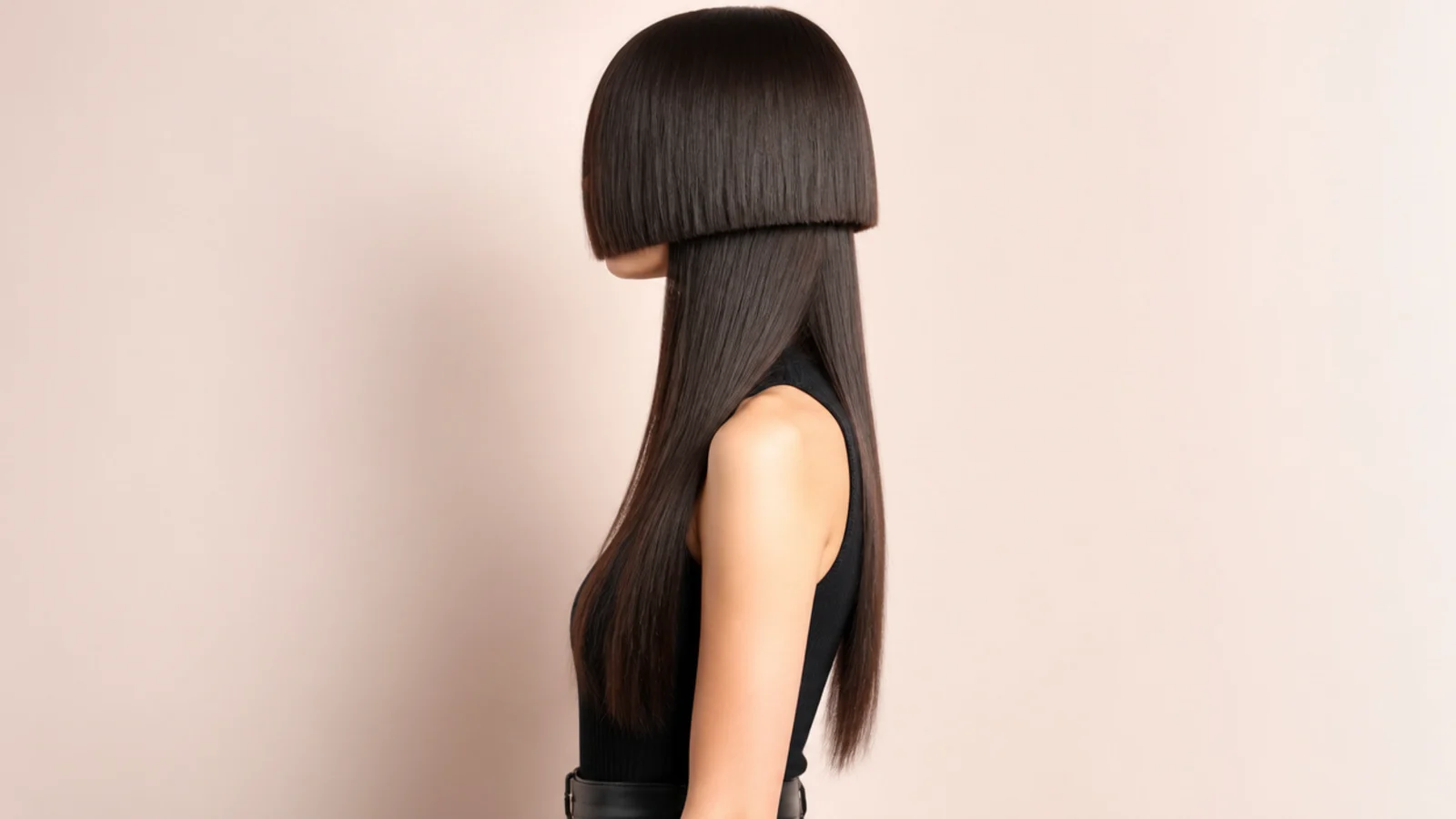 Edgy jellyfish haircut with a jaw length bell over waist length straight tentacle lengths on brunette hair