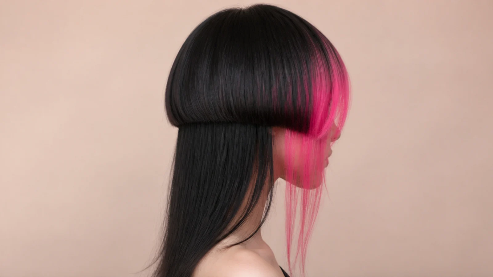 E-girl edgy jellyfish haircut with bright pink face framing money piece on the front of the bell