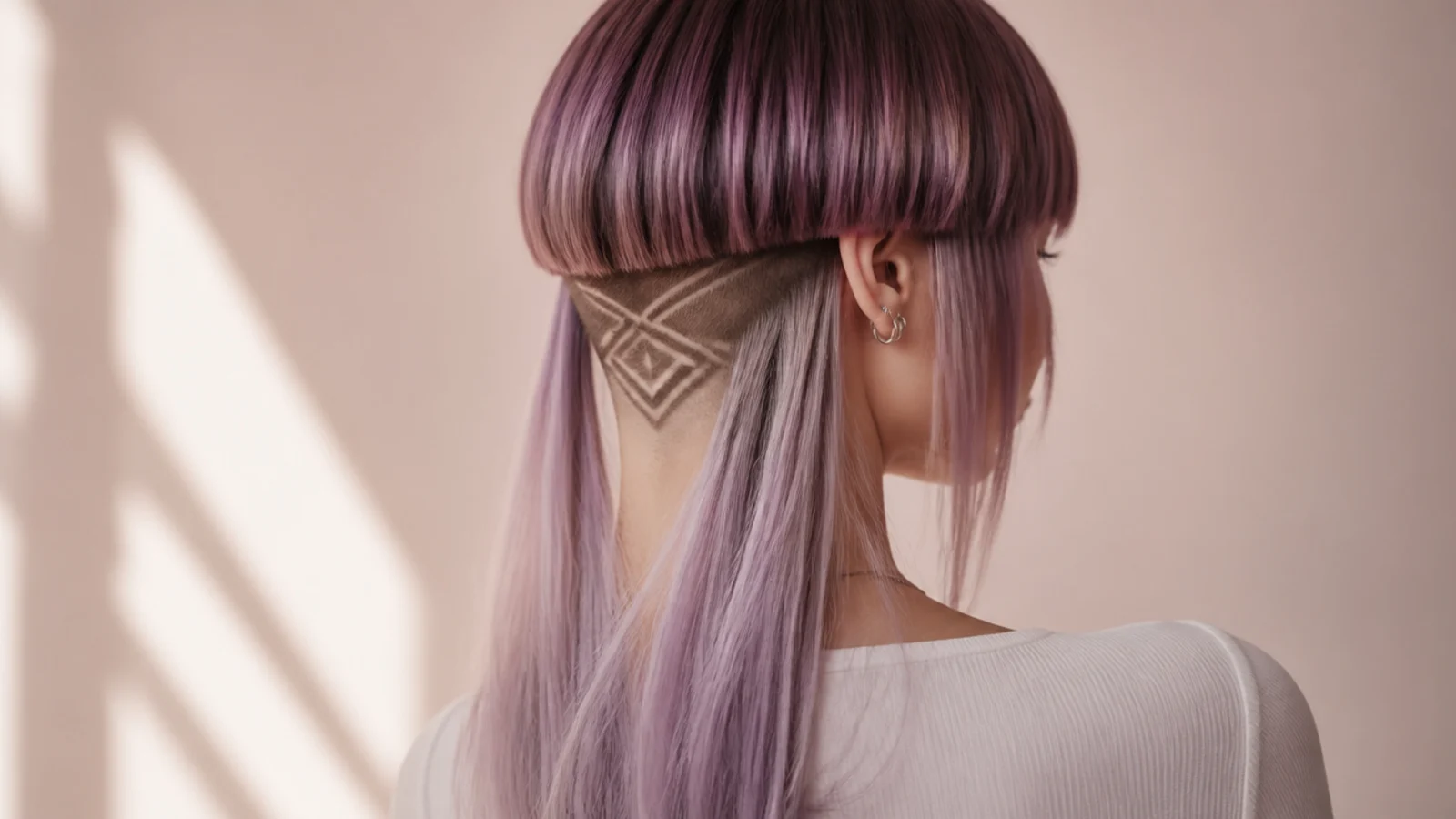 Edgy jellyfish haircut with a shaved geometric line design at the nape revealed under long hair