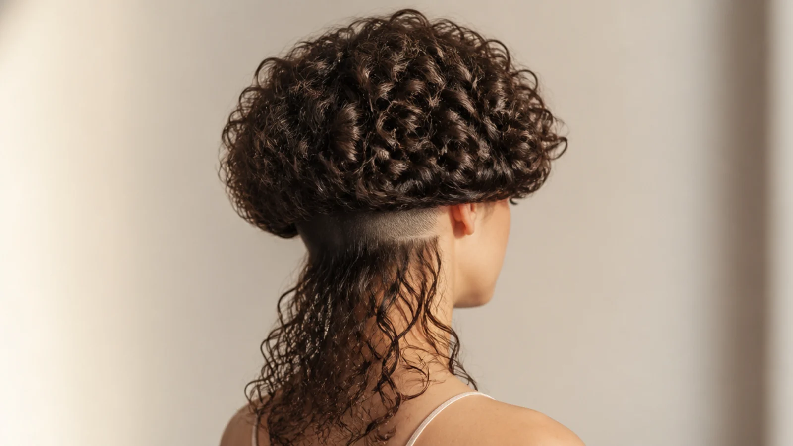 Curly edgy jellyfish haircut with a rounded curl bell and a shaved underlayer at the nape