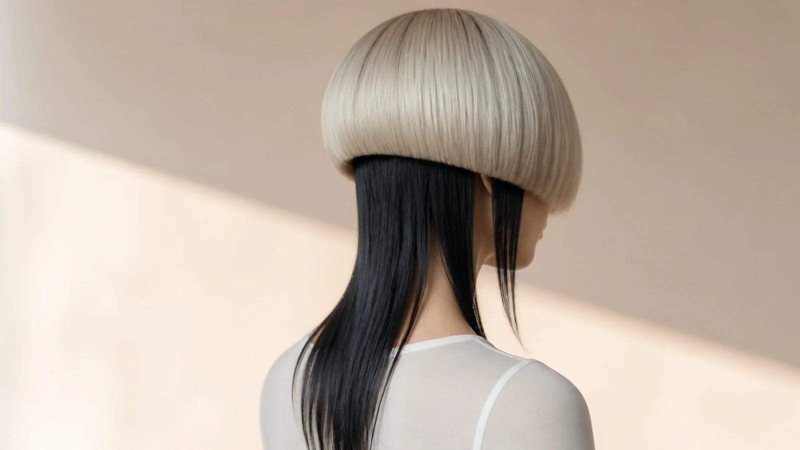 Edgy jellyfish haircut with a platinum blonde bell over jet black long tentacle lengths