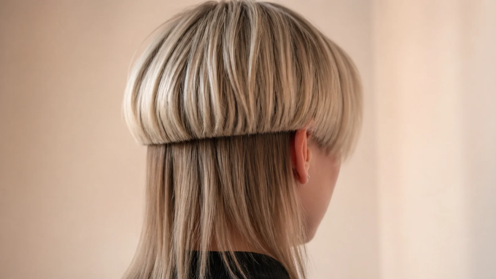 Short edgy jellyfish haircut with an ear length bell and a buzzed nape over shoulder length hair