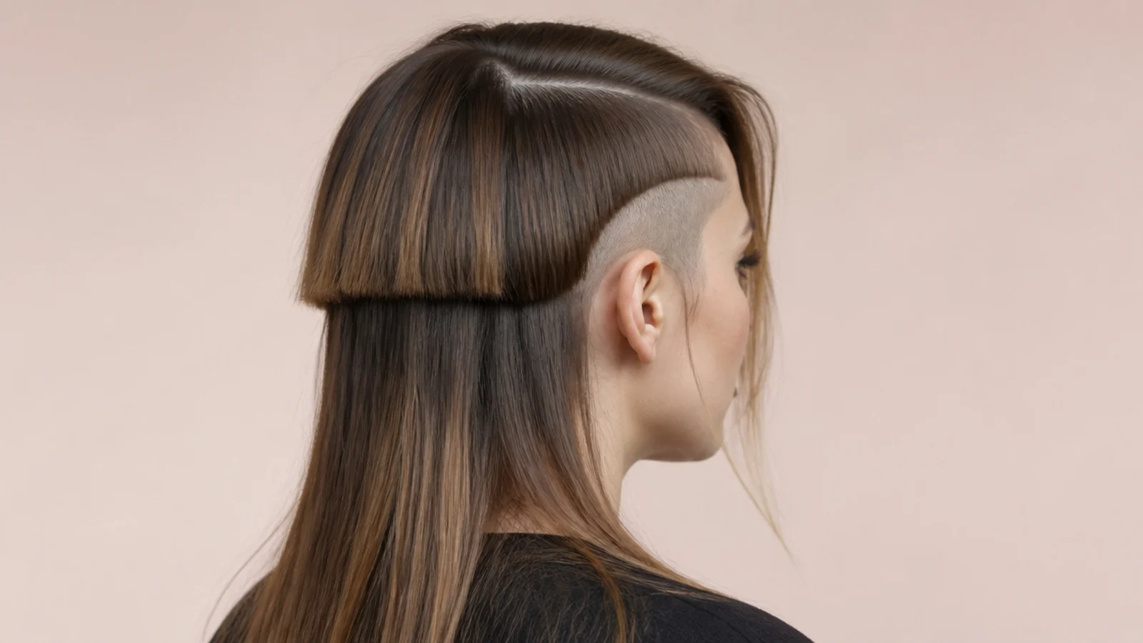 Half shaved edgy jellyfish haircut with a deep side part and one fully shaved side over long hair