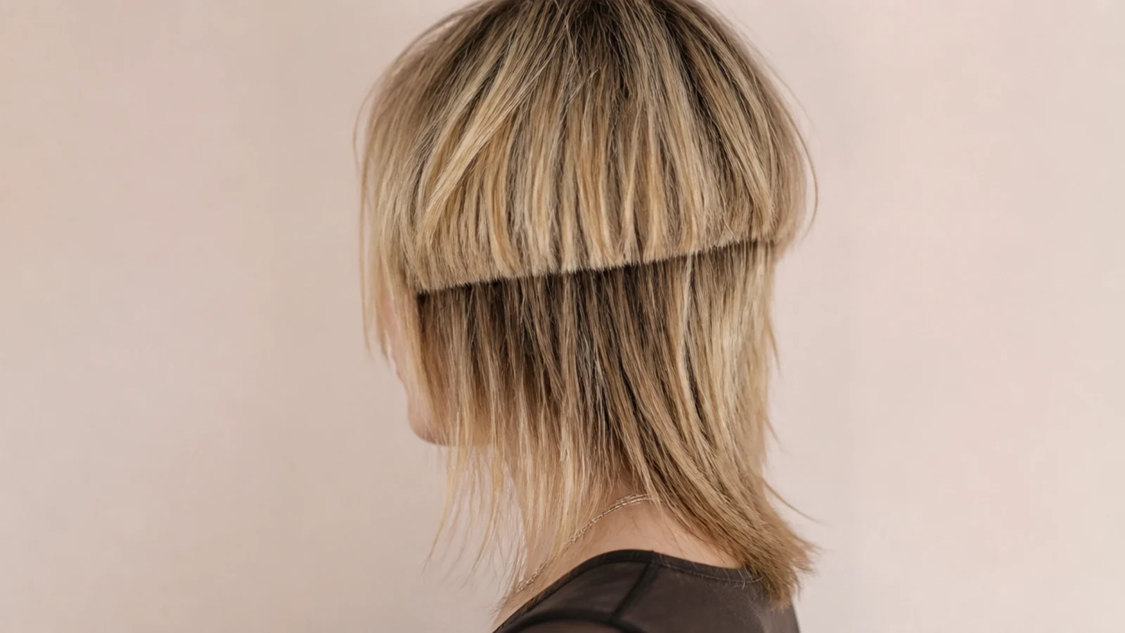 Grown out edgy jellyfish haircut softening into a shaggy shape with the bell at collarbone length