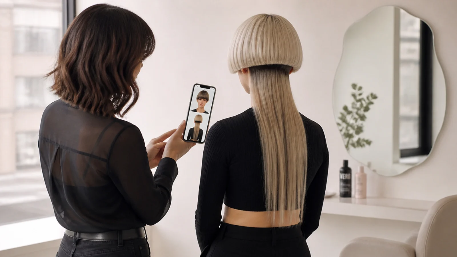 Salon consultation for an edgy jellyfish haircut with front and back reference photos on a phone