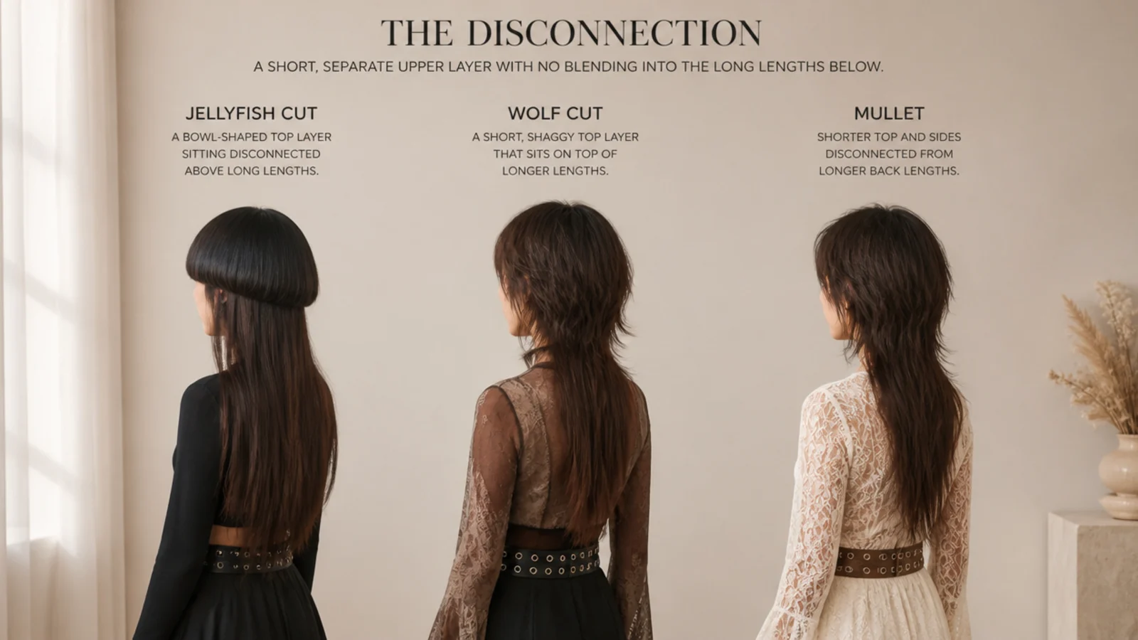 Side by side comparison of an edgy jellyfish haircut, a wolf cut and a mullet silhouette on long hair
