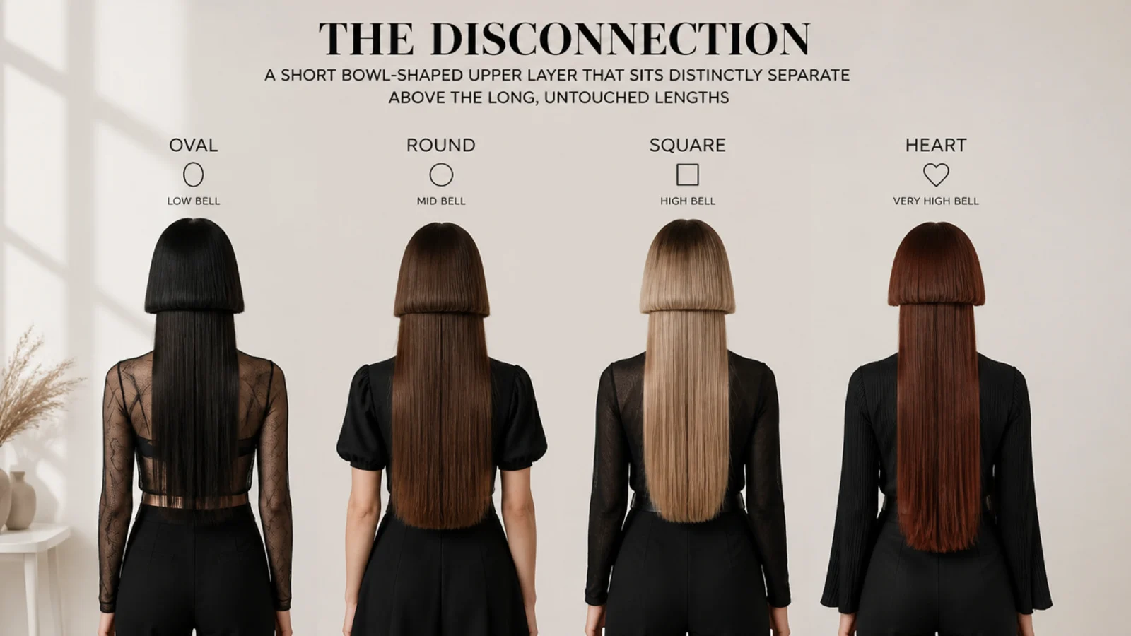 Four face shapes compared for an edgy jellyfish haircut showing oval, round, square and heart with different bell heights