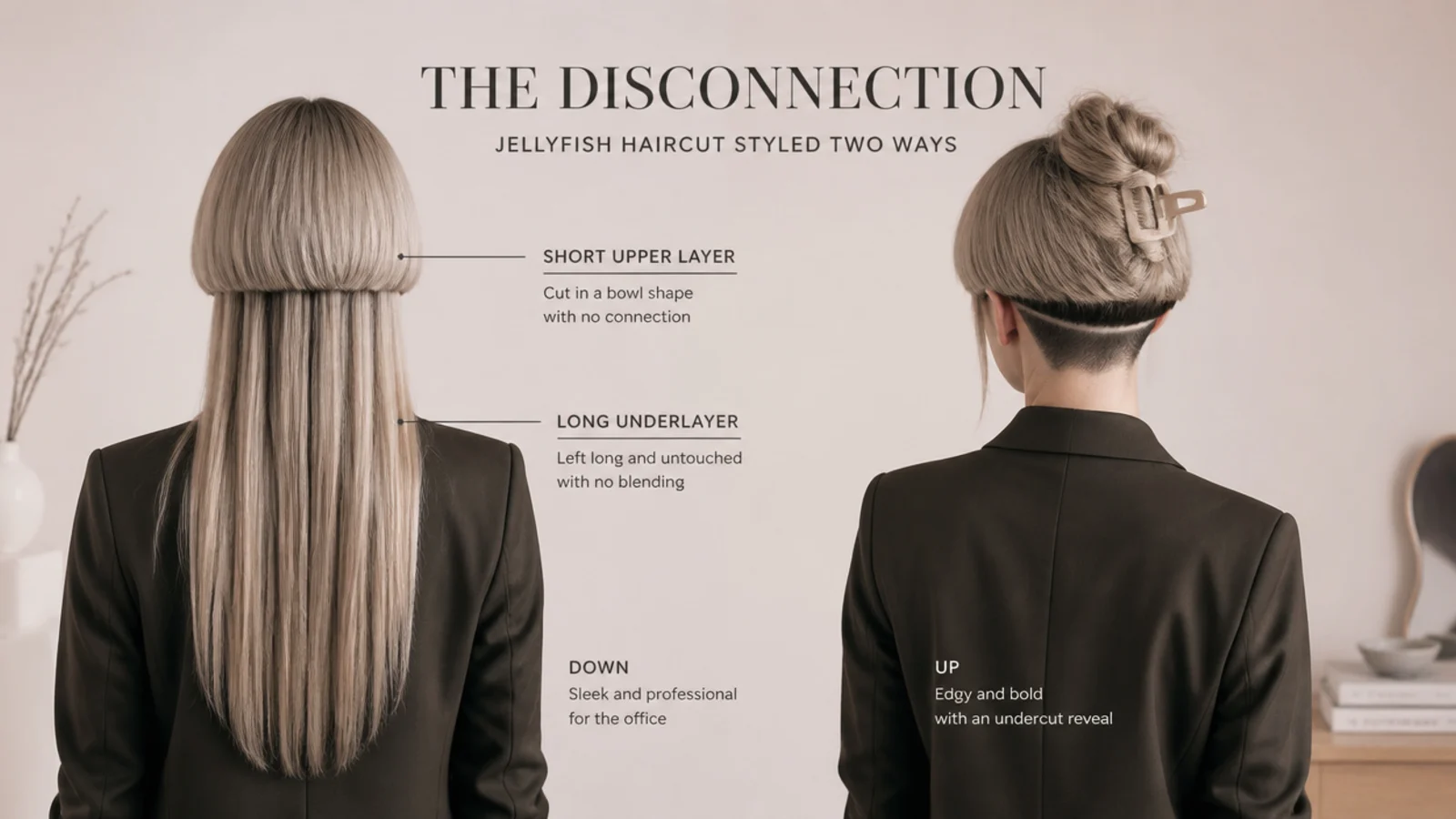 Edgy jellyfish haircut styled two ways, worn down for the office and tied up revealing a shaved nape