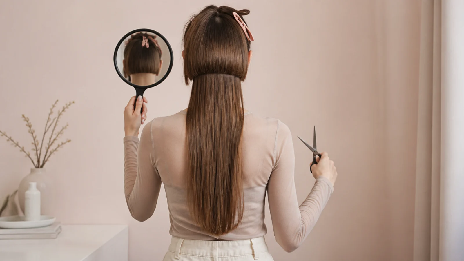 Woman attempting to cut a jellyfish haircut at home with clips and shears, checking the back in a hand mirror
