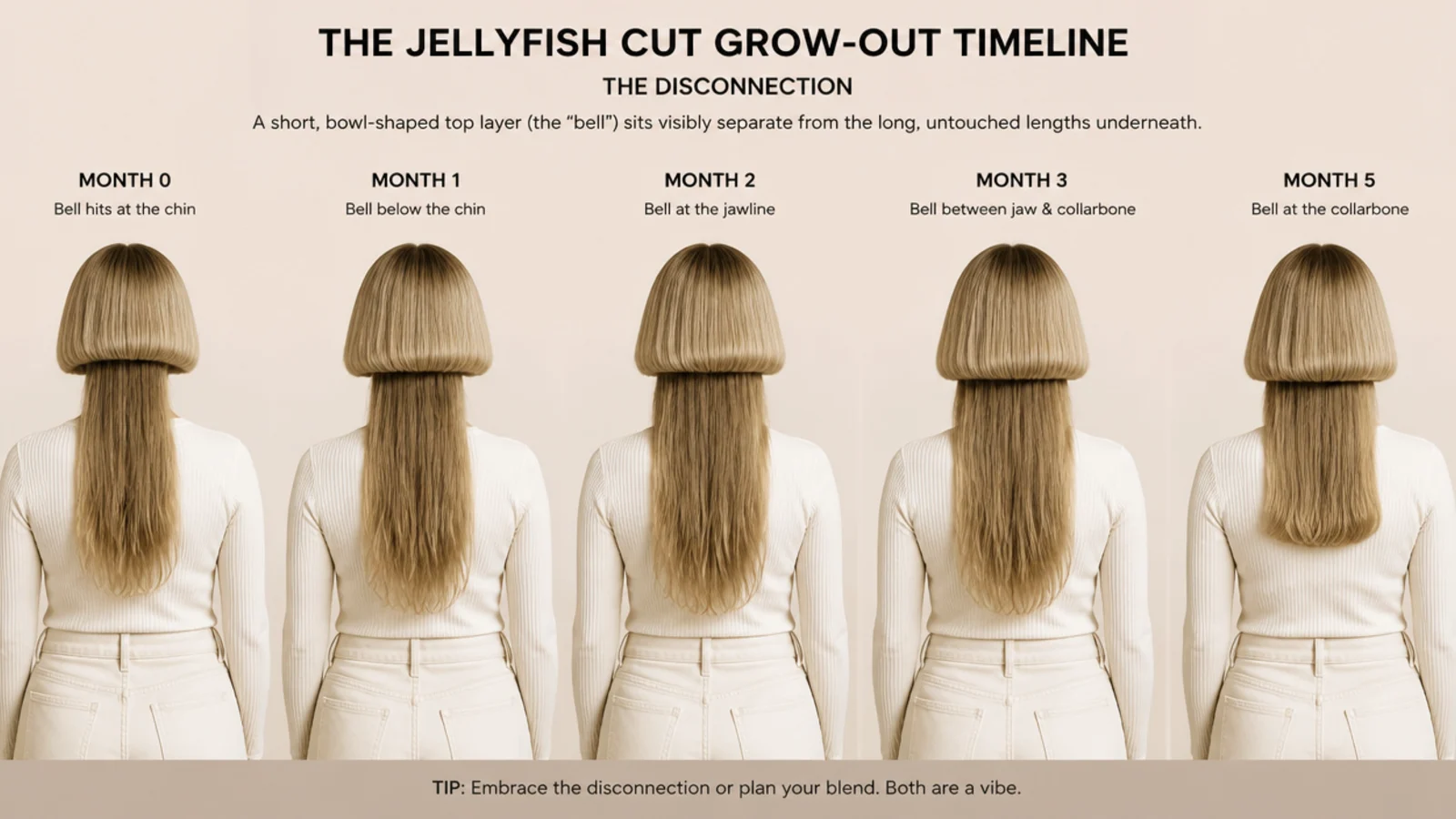 Grow out timeline for a jellyfish haircut showing the bell dropping from chin to collarbone over five months