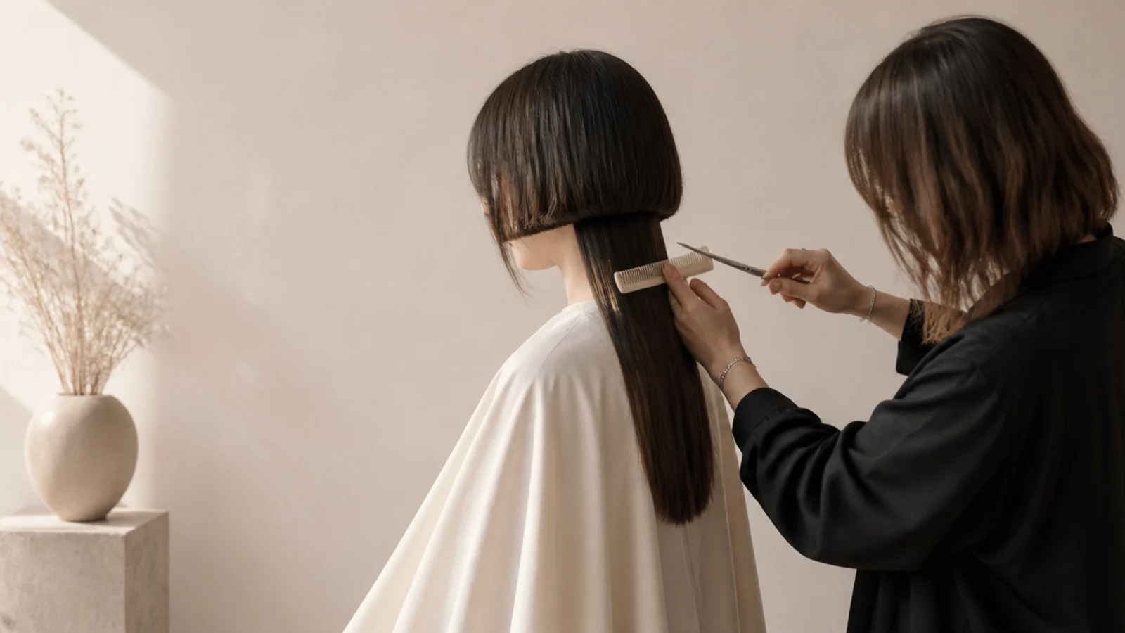 Stylist cutting a jellyfish haircut on a woman, drawing the disconnected bowl-shaped bell line above long tentacle lengths