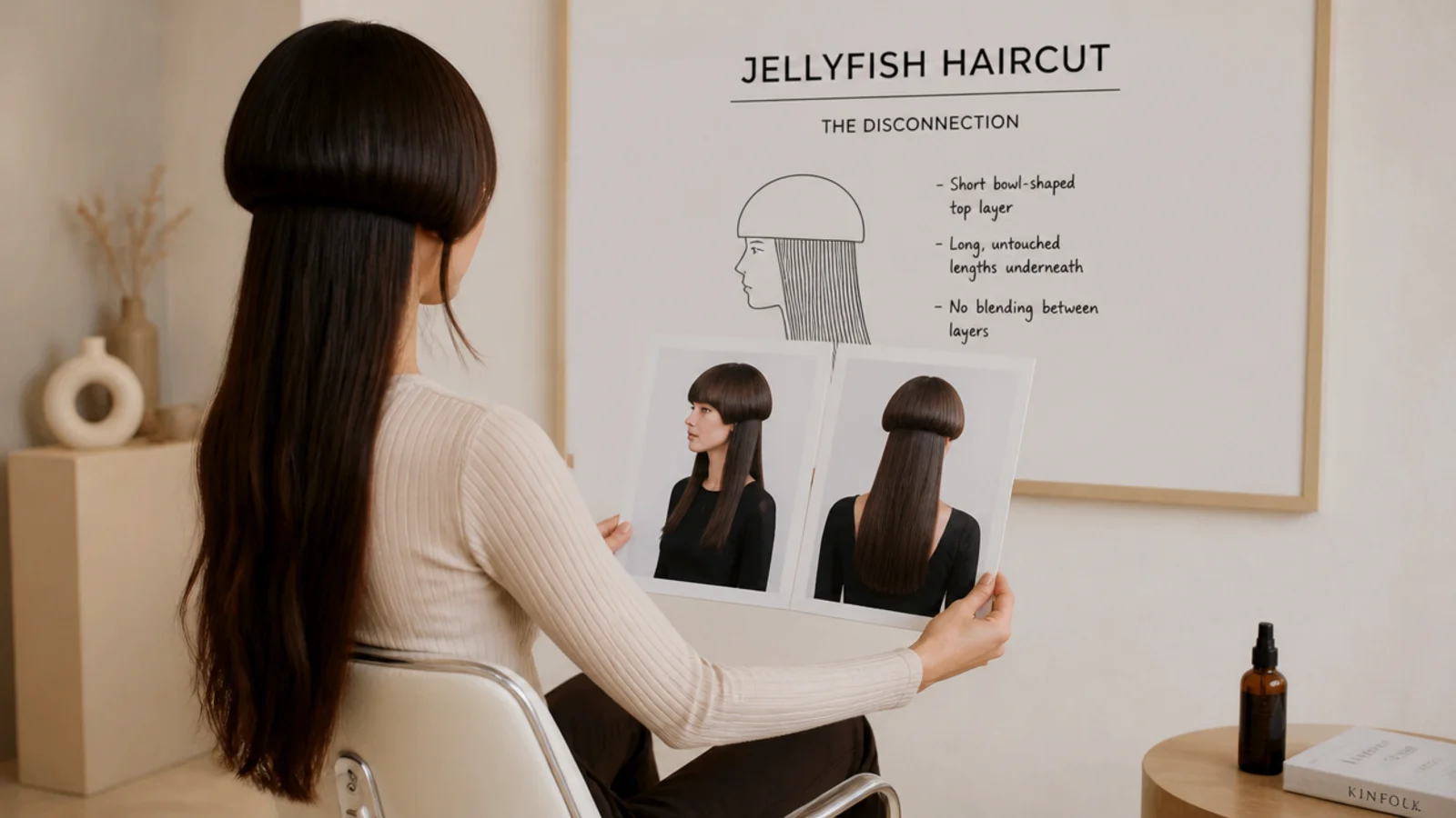 Woman showing front and back jellyfish haircut reference photos during a salon consultation