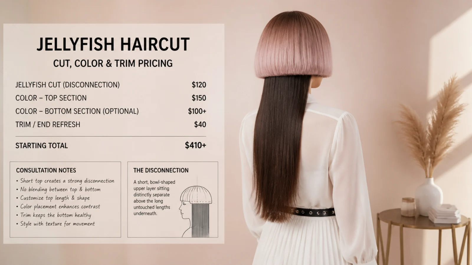 Salon price list and consultation notes for a jellyfish haircut showing cut, color and trim costs