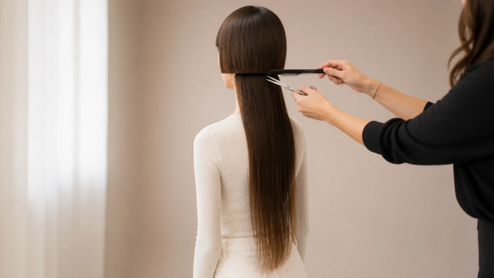 Carrying the rounded bowl line of a jellyfish haircut bell evenly around the sides and back of the head