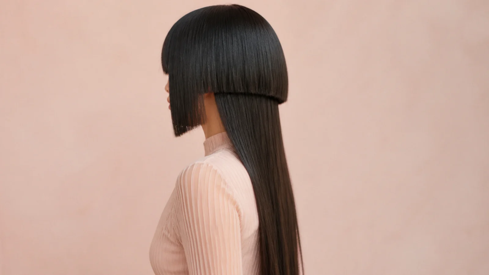 Jellyfish haircut with straight hime bangs and blunt cheekbone-length side panels over long back lengths