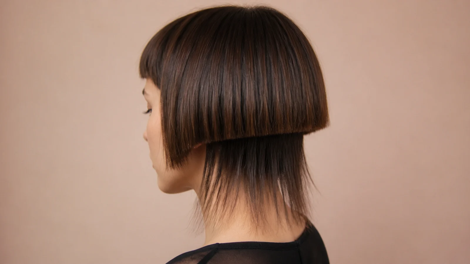 Short jellyfish haircut with micro bangs an inch above the eyebrow over a chin-length bowl layer
