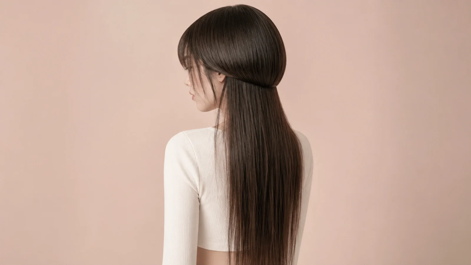 Jellyfish haircut with wispy baby bangs and waist-length straight lengths under a short rounded top layer