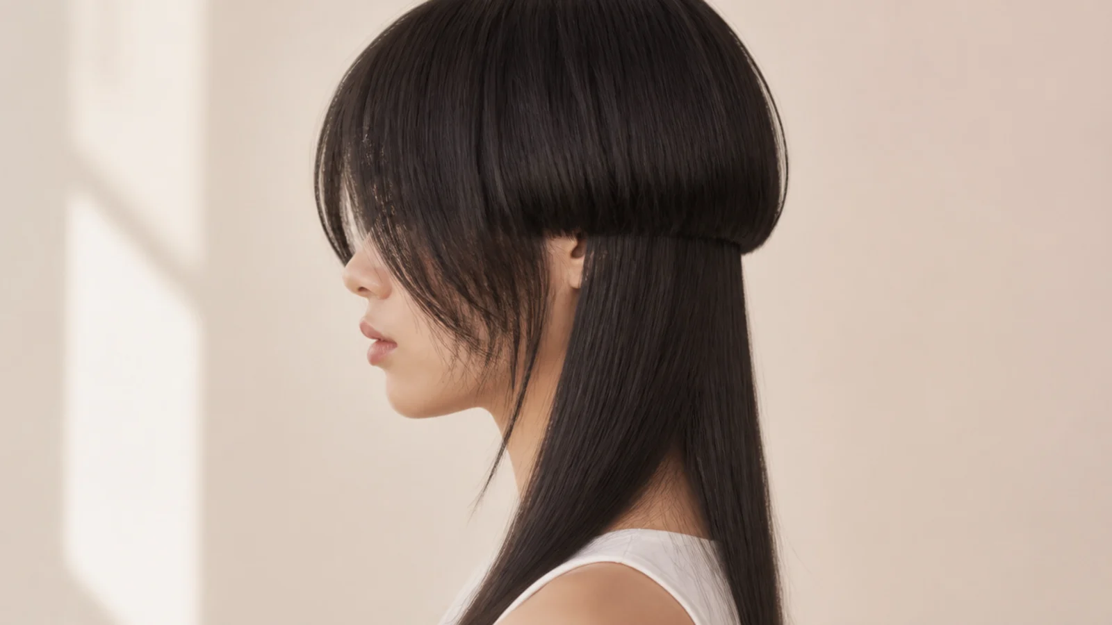 Jellyfish haircut with long side-swept bangs falling diagonally across the forehead on a round face