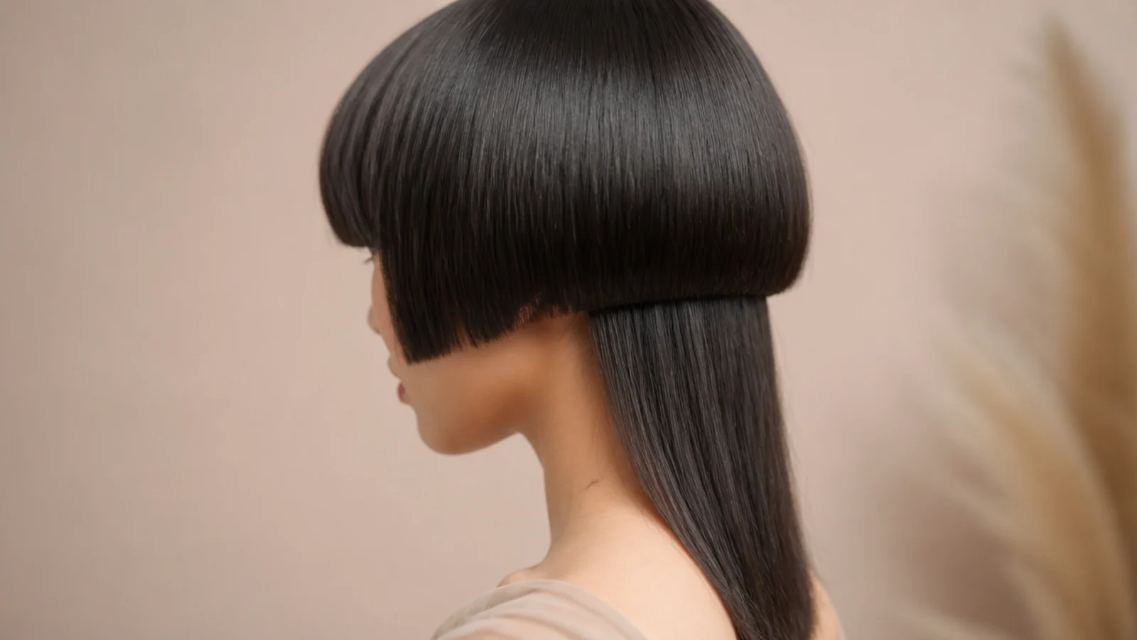 Jellyfish haircut with heavy blunt eyebrow-skimming bangs and a short cheekbone-length rounded top layer