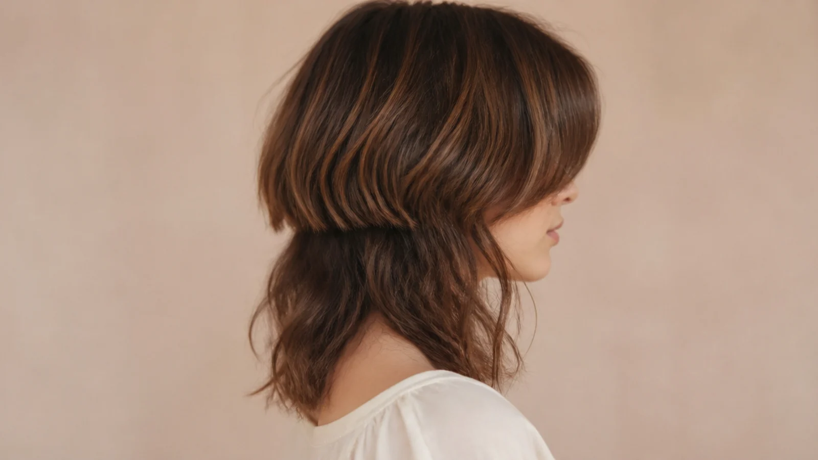 Wavy jellyfish haircut with curtain bangs bending outward over a collarbone-length bowl layer