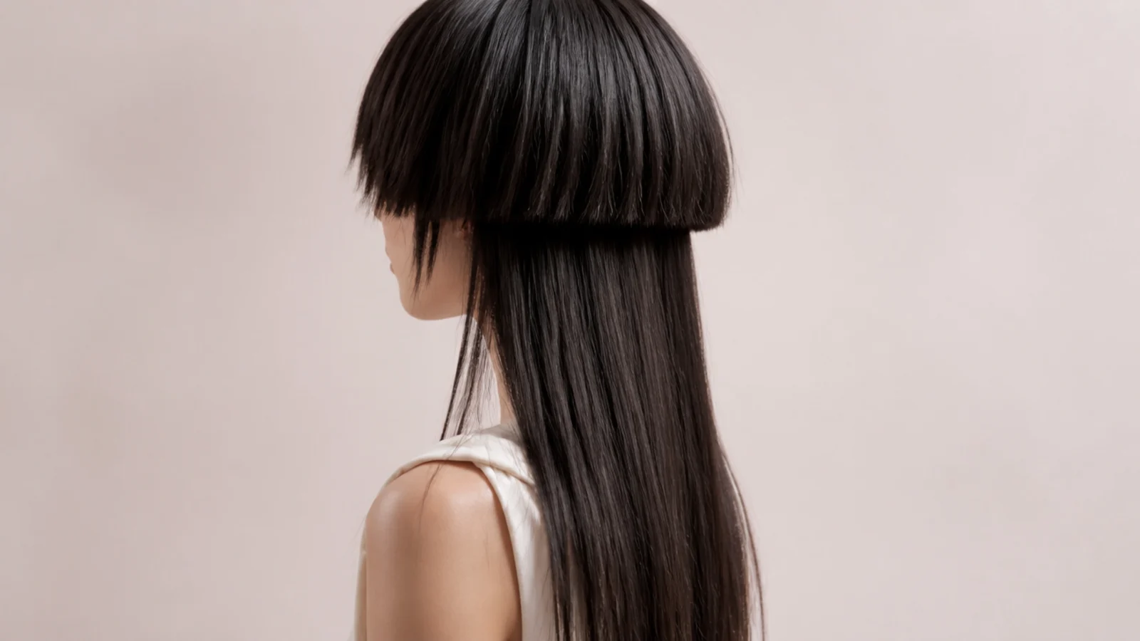 Jellyfish haircut with choppy uneven bangs and waist-length straight hair under a rounded short top layer