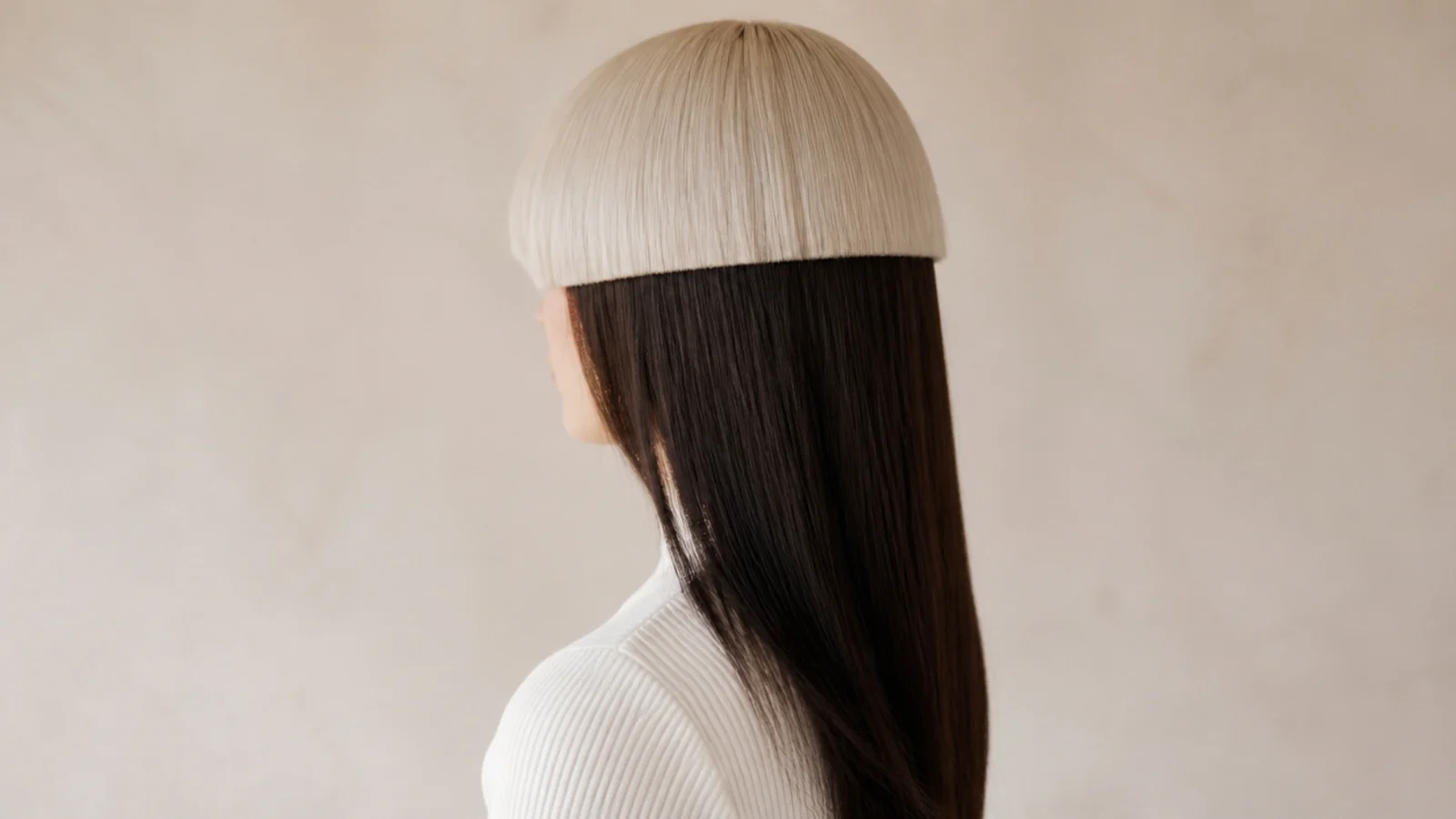 Two-tone jellyfish haircut with platinum bleached bangs and bell over dark brown long lengths